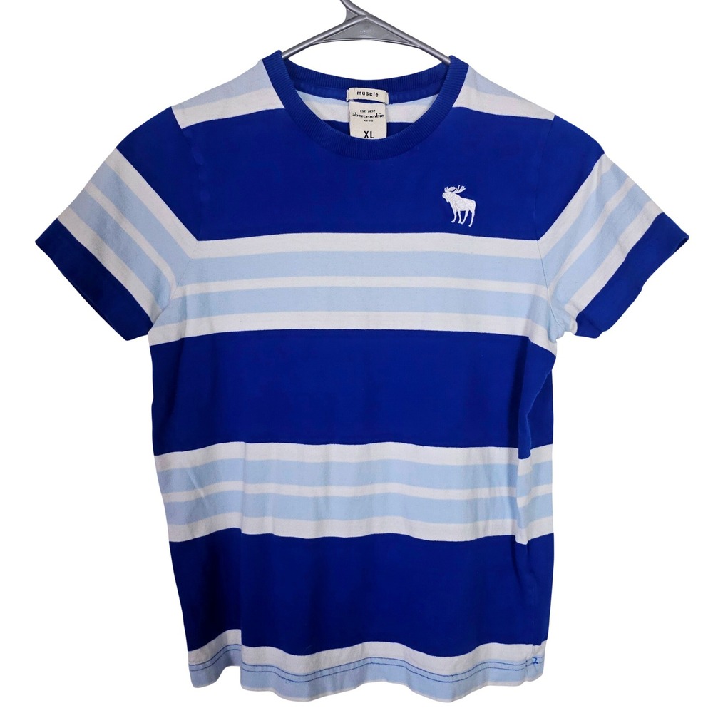 Abercrombie Kids Muscle T-Shirt XL Blue White Striped Logo Tee Casual Preppy